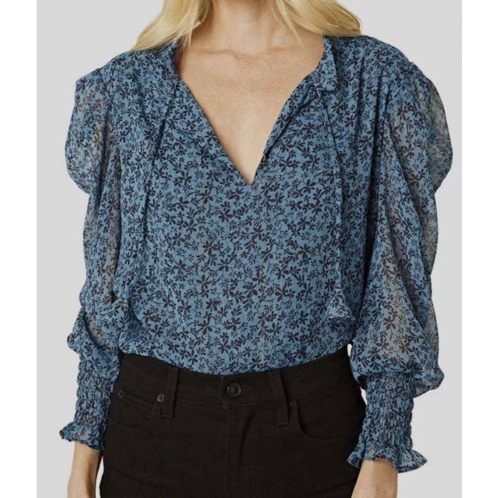 MISA Siena Top Cerulean Ditzy Blue Floral Chiffon Print Semi Sheer Blouse Sz Sml